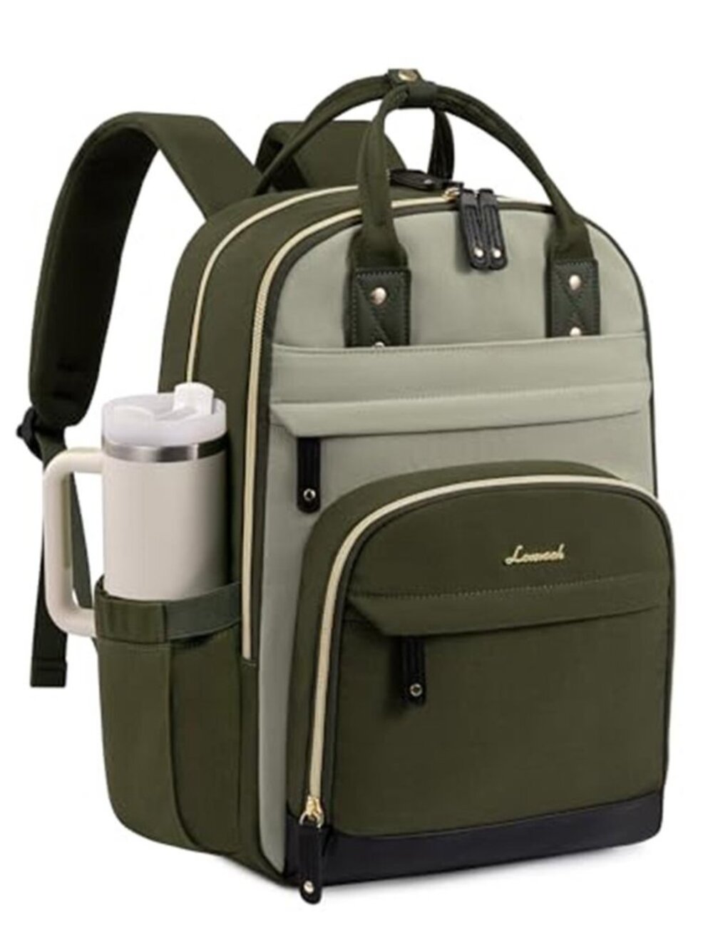 Laptop Backpack Women 15.6 Giant Cup Holder 26 Pockets Travel Work Olive Green